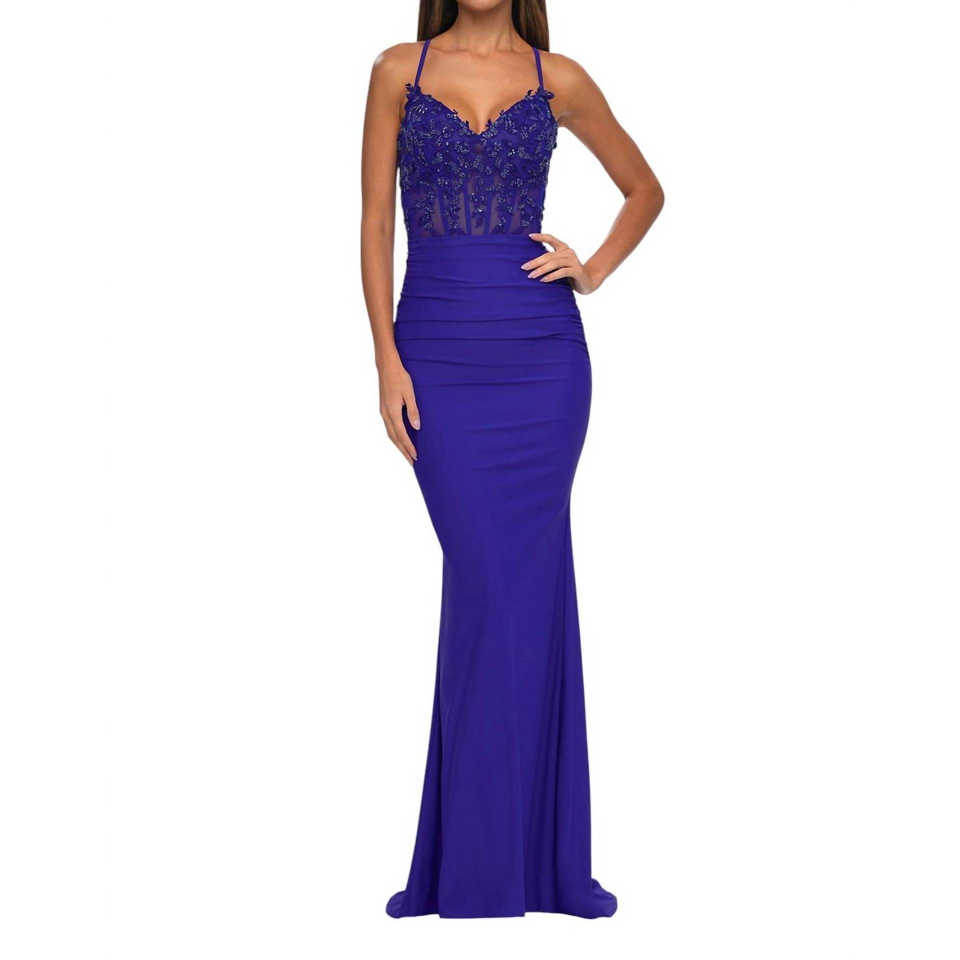 New La Femme Sheer Net Bodice Prom Dress In Royal Blue